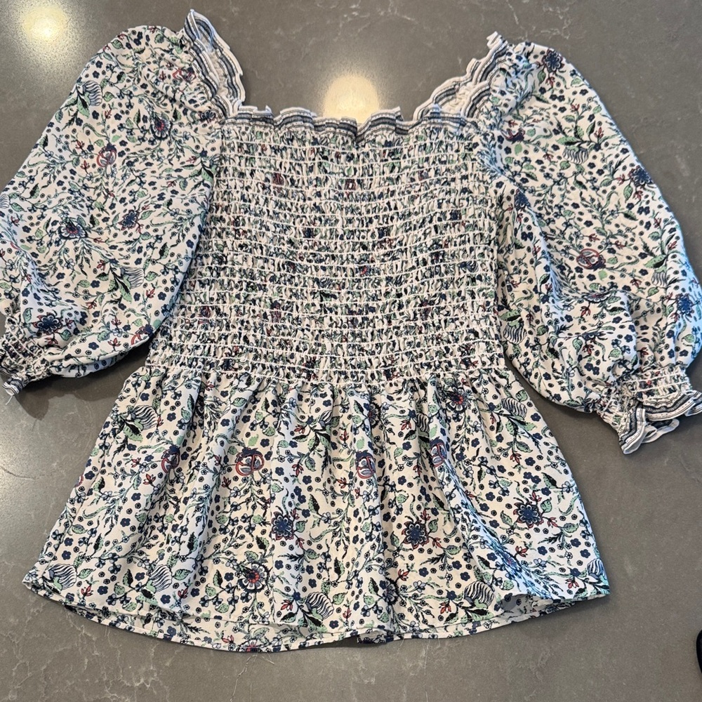 Max Studio White Smocked Peasant Blouse with Blue and Green Floral Print